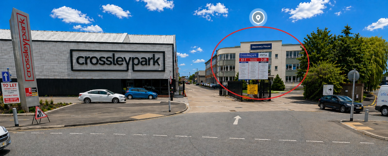 Taxi Academy office entrance at Crossley Park, Stockport — look for the building circled in red